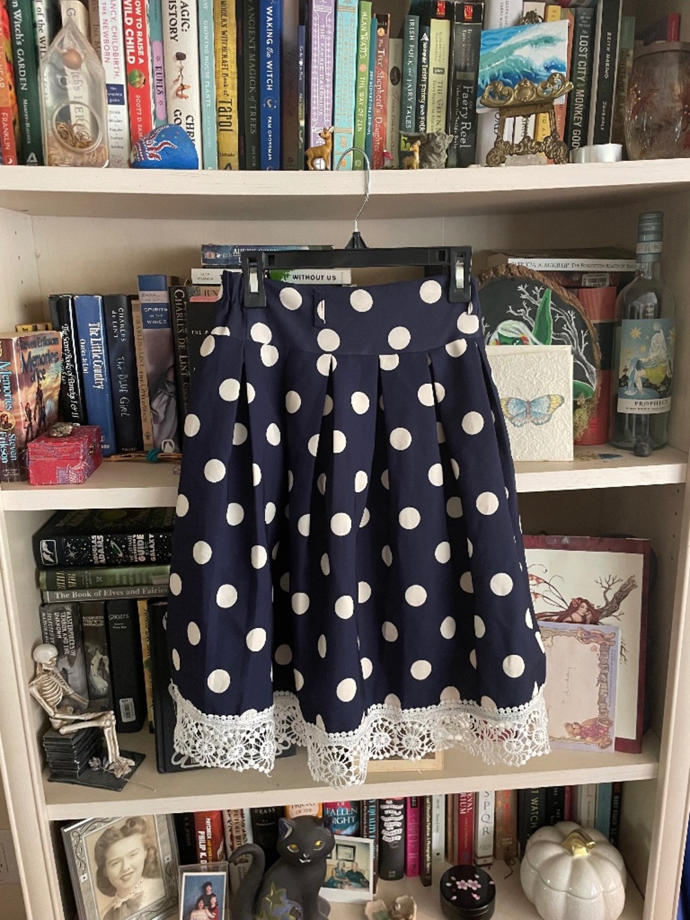Navy and White Polka Dot Circle Skirt w/ Lace Trim